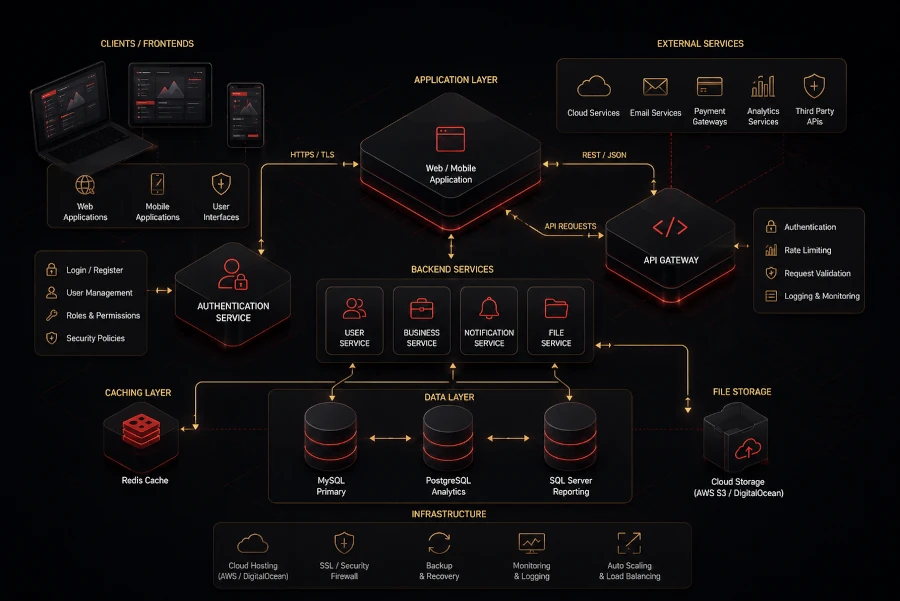 Software engineering systems architecture diagram showing backend infrastructure...